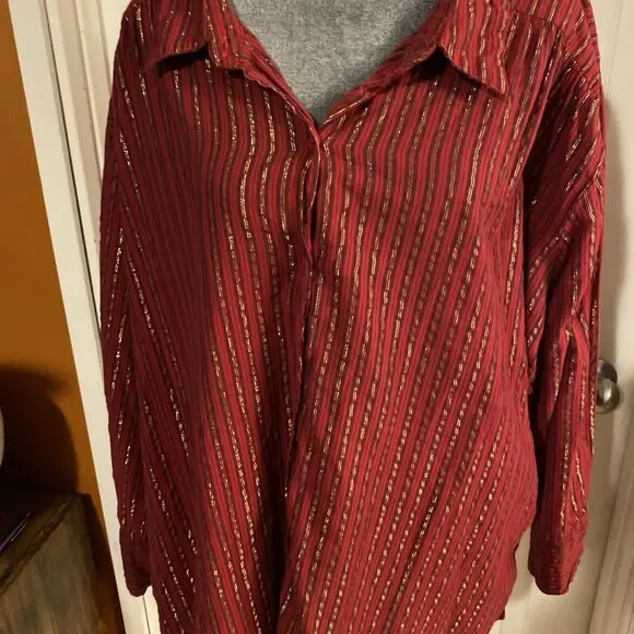 Anthony Richards Button Up Women’s 3X Long Sleeve Red Gold Lurex Stripe India - Picture 4 of 12